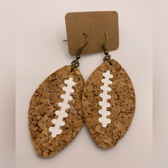 Handmade Dangle Cork Football Earrings - Picture 2 of 4